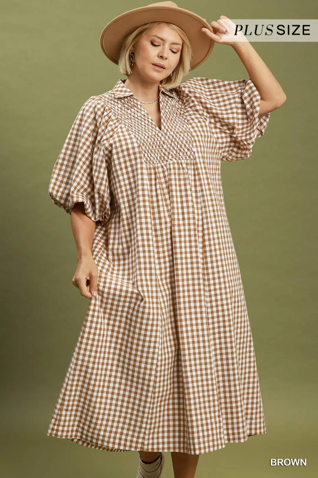 Curvy Puff Sleeve Plaid Midi Dress Brown (JB)