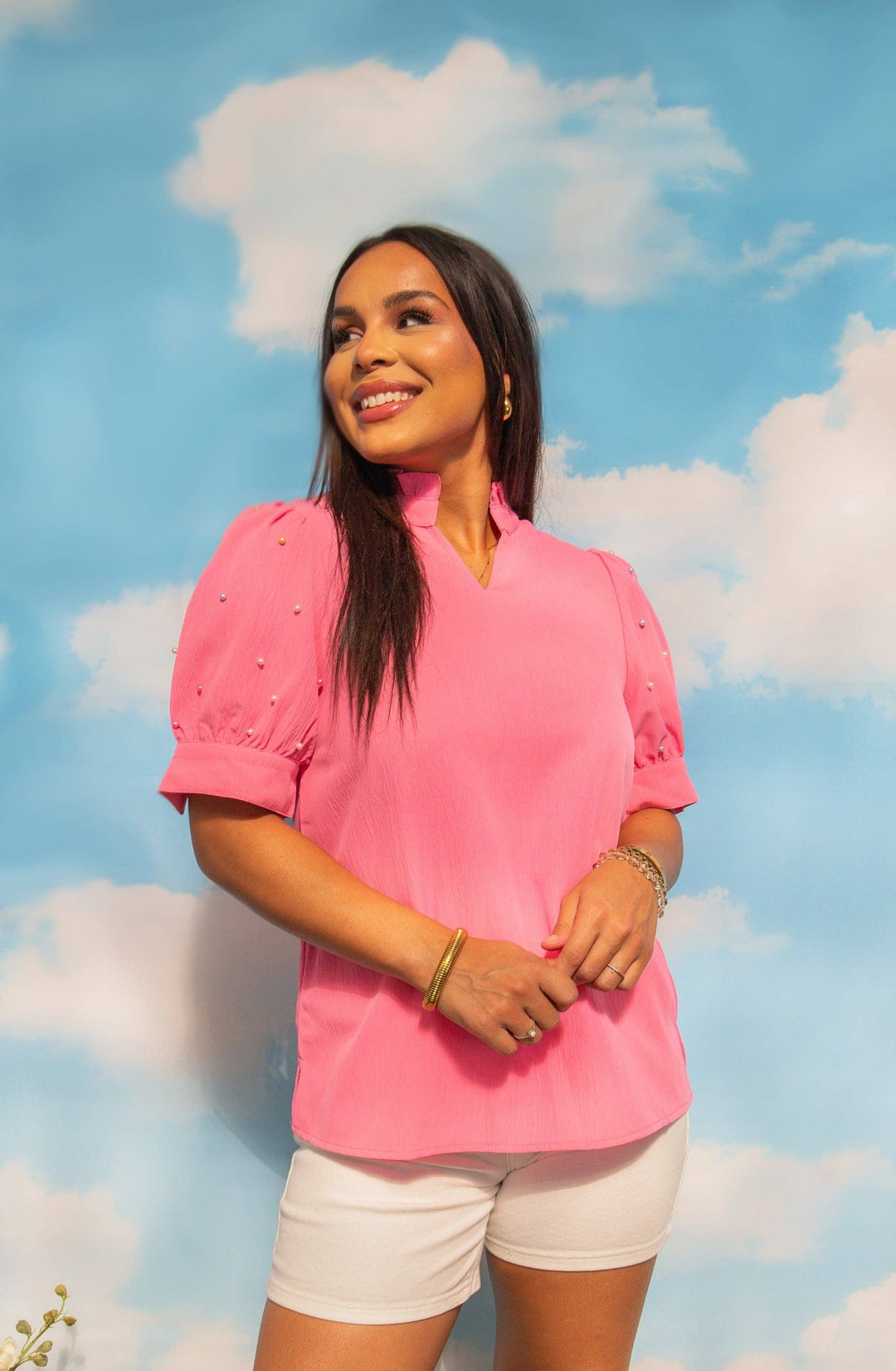 Grace+Emma-Pink Puff Sleeve Top With Pearl