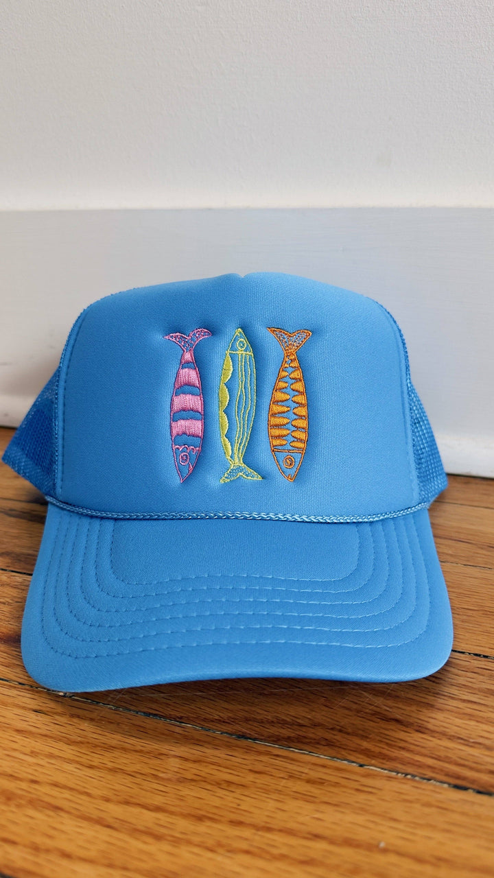 Sardine Hat: Cool blue hat | yellow orange + pink thread