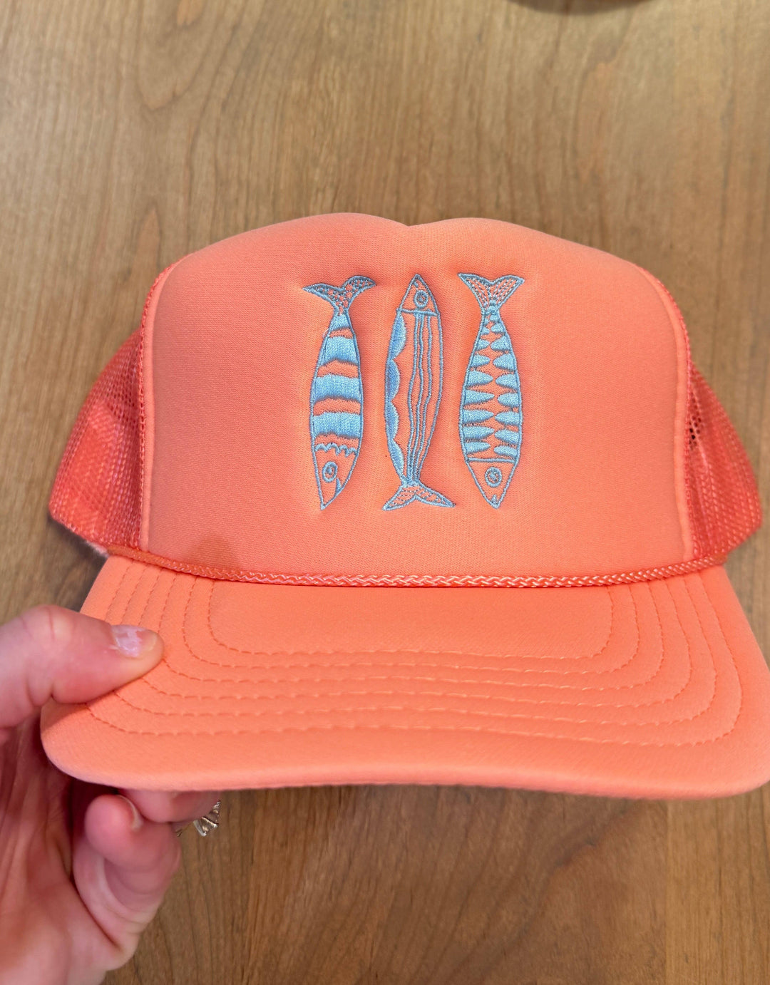 Sardine Summer Trucker Hat: Lavender hat | electric blue thread