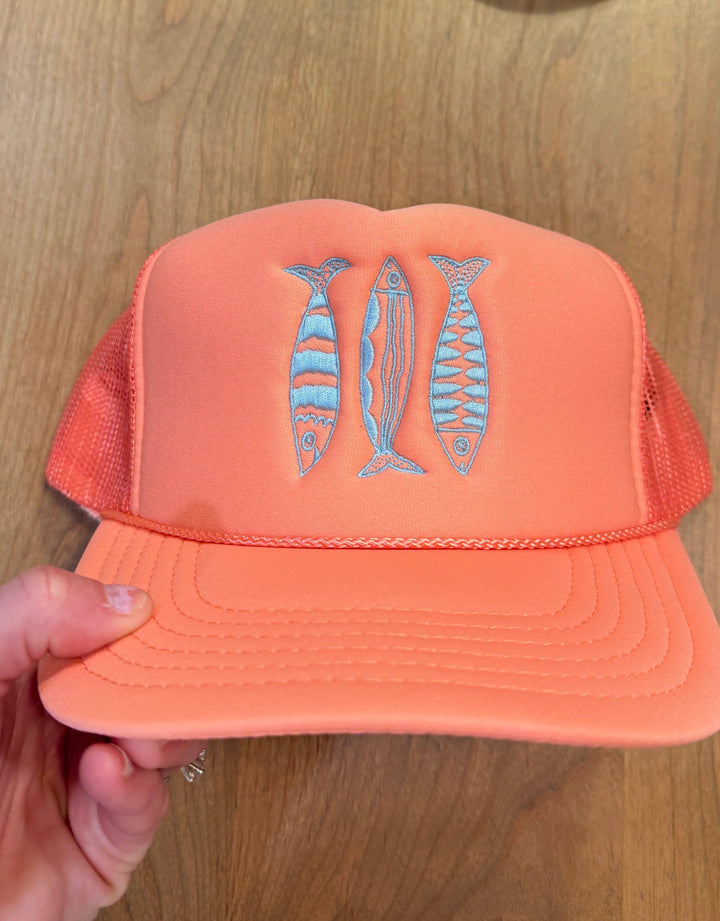 Sardine Summer Trucker Hat: Lavender hat | electric blue thread