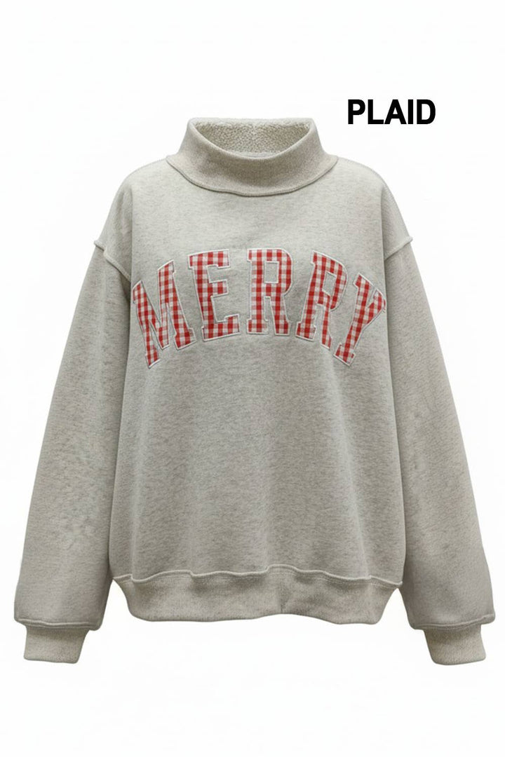 "MERRY" Varsity Mock Neck Sweatshirt: Red Polka  (LH)