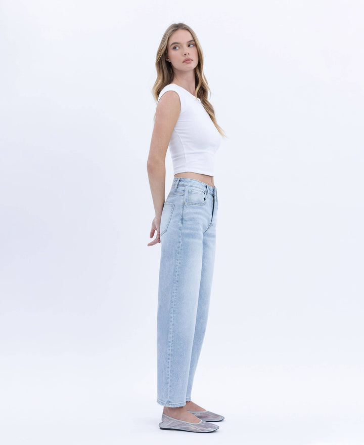 SUPER HIGH RISE LIGHT WASH BARREL LEG JEANS