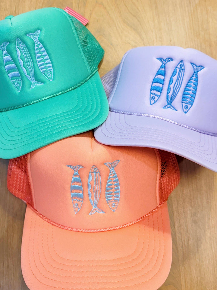Sardine Summer Trucker Hat: Lavender hat | electric blue thread