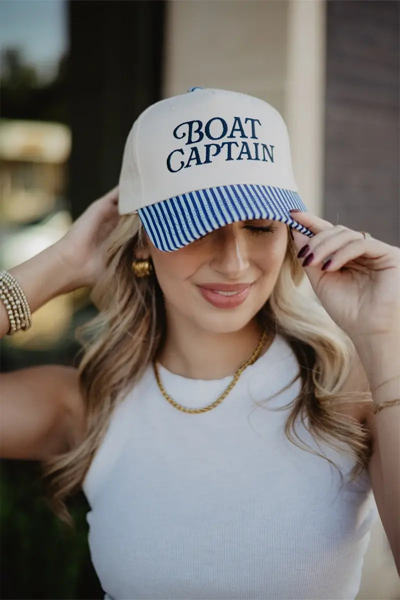 Boat Captain Two-Toned Retro Hat: Light Blue and Navy Stripe