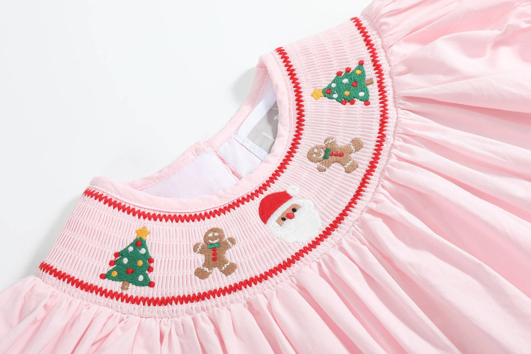 Lil Cactus - Pink Christmas Smocked Bishop Dress