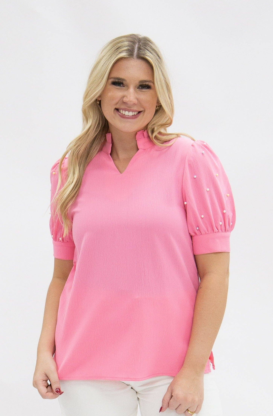 Grace+Emma-Pink Puff Sleeve Top With Pearl