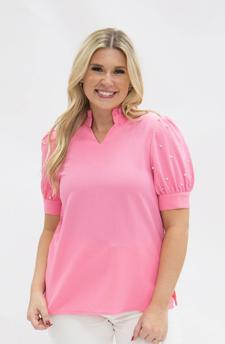 Grace+Emma-Pink Puff Sleeve Top With Pearl