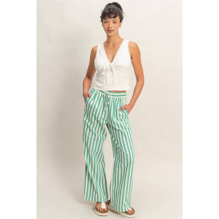 Vertical Striped Elastic Pants With Side Pockets: GREEN / S-M-L(2-2-2)
