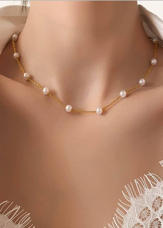 JOSSLYN-TITANIUM  STEEL NON-TARNISH PEARL STATION NECKLACE | 40NK334