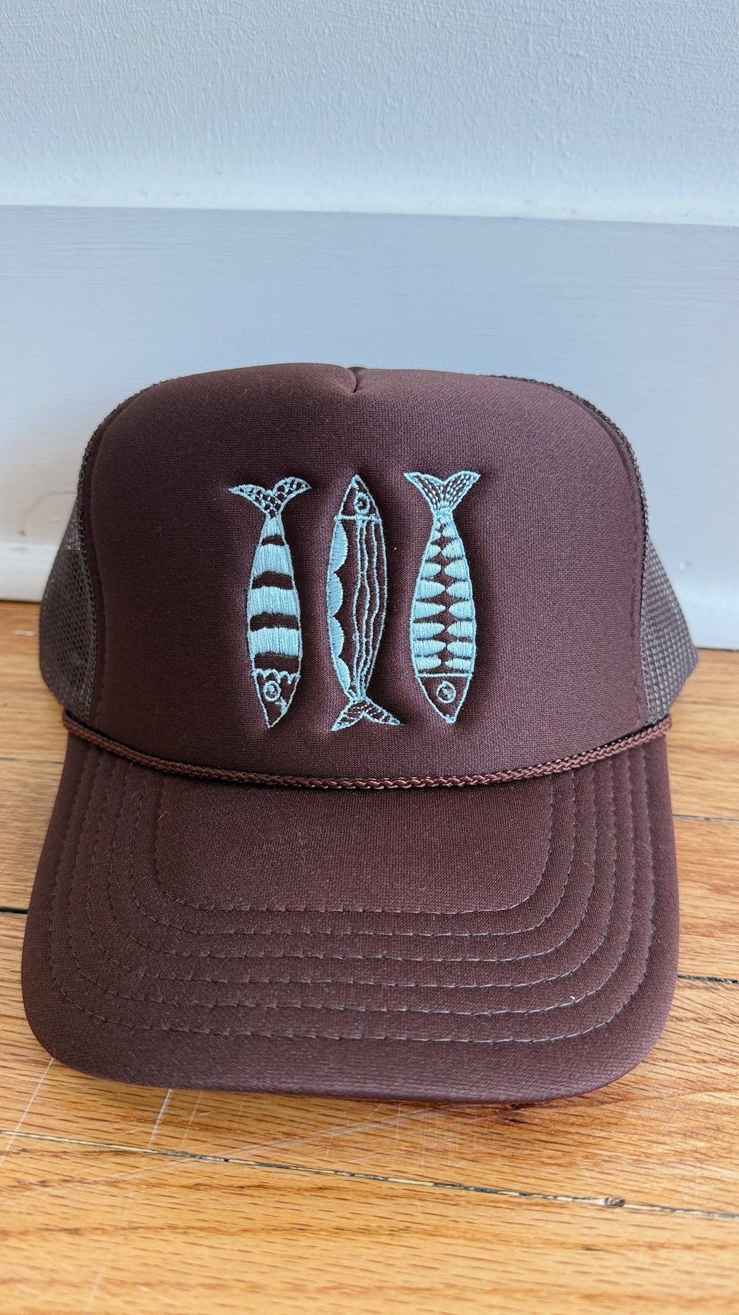 Sardine Hat: Cool blue hat | yellow orange + pink thread