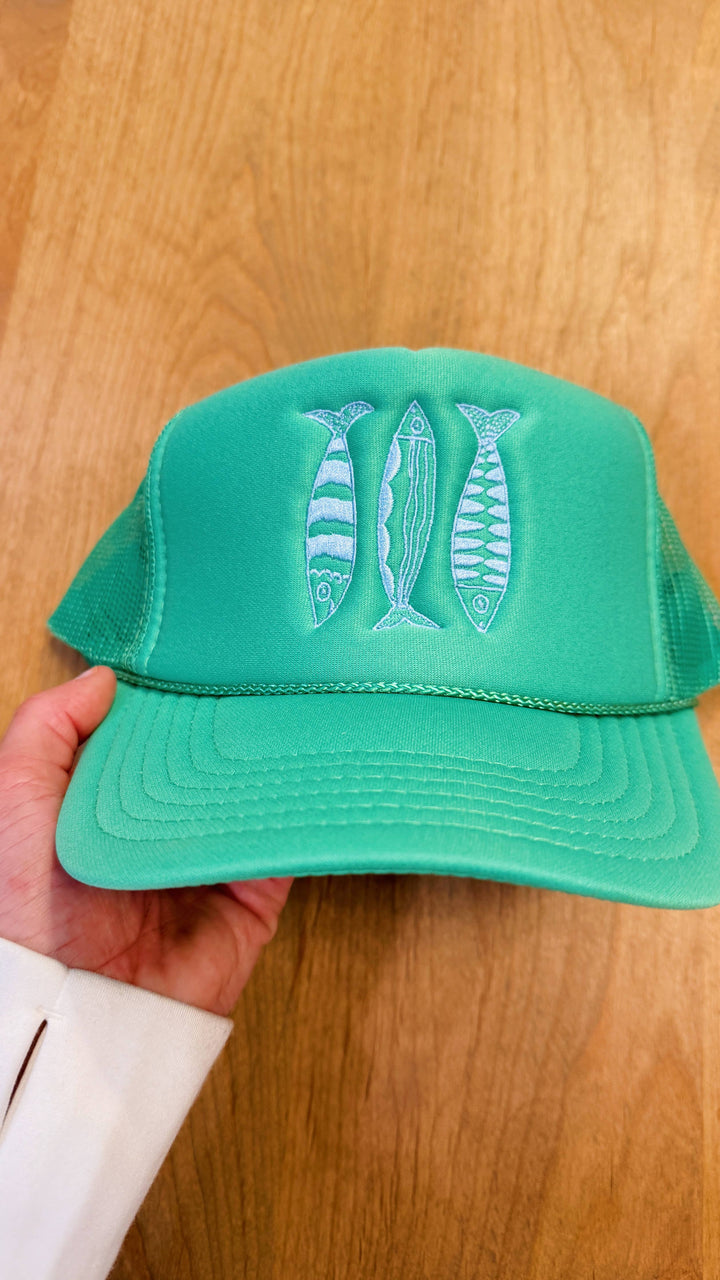 Sardine Summer Trucker Hat: Lavender hat | electric blue thread