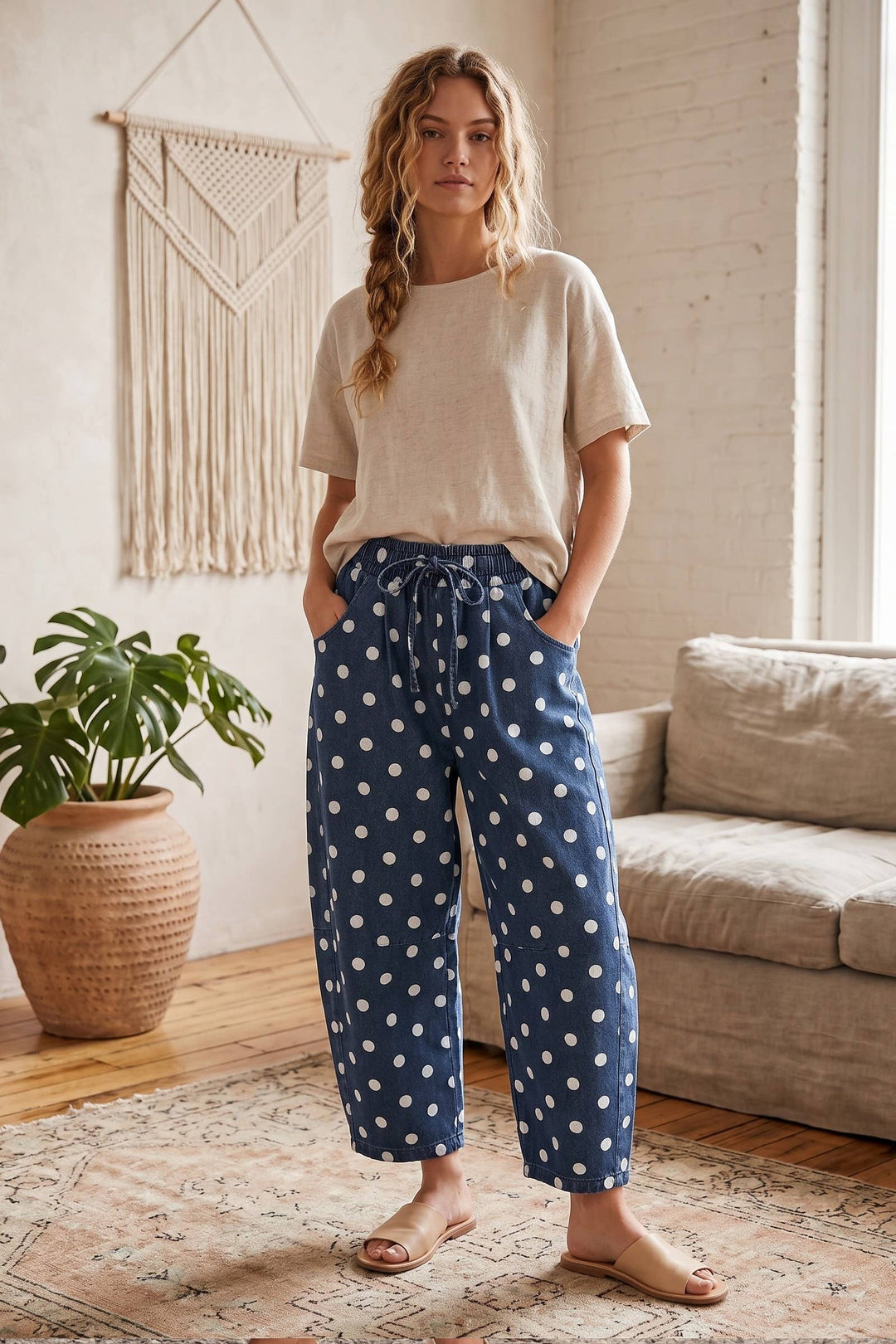 Sewn & Seen-Oversized Polka Dot Denim Barrel Pants