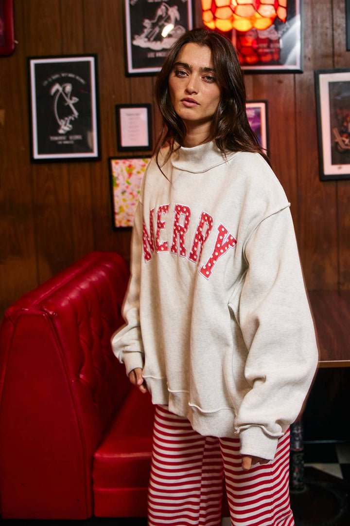 "MERRY" Varsity Mock Neck Sweatshirt: Red Polka  (LH)