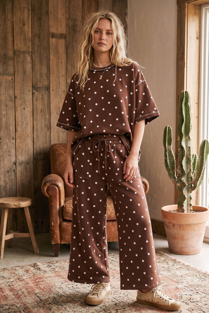 Sewn & Seen-(Original Design) Heavy Scuba Polka Dot Short Sleeve Set-Brown
