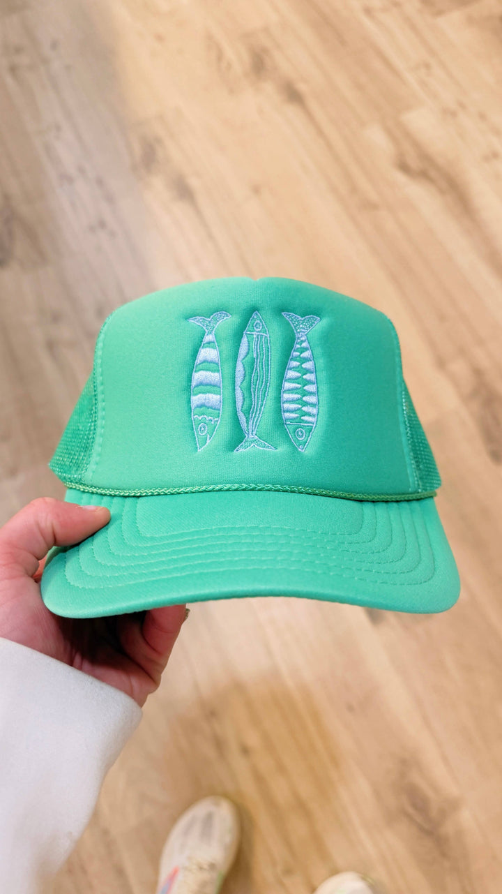 Sardine Summer Trucker Hat: Lavender hat | electric blue thread