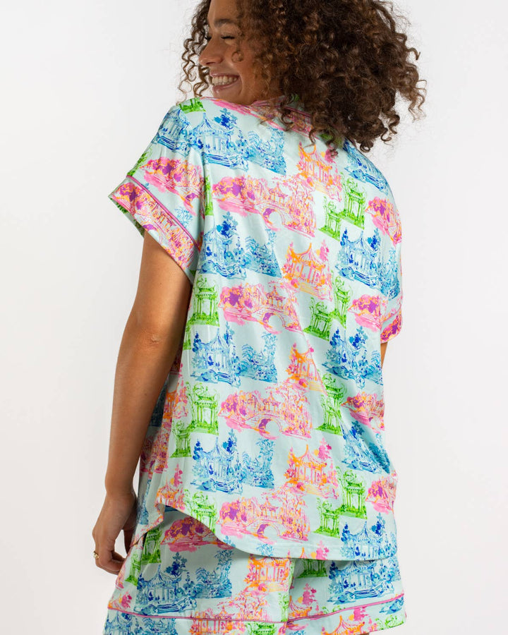 Maya Short Sleeve Sleep Set (top & bottom)  Aqua/Multi