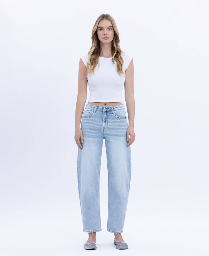 SUPER HIGH RISE LIGHT WASH BARREL LEG JEANS