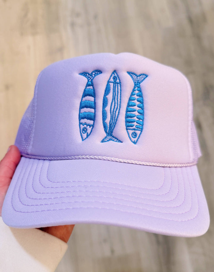 Sardine Summer Trucker Hat: Lavender hat | electric blue thread