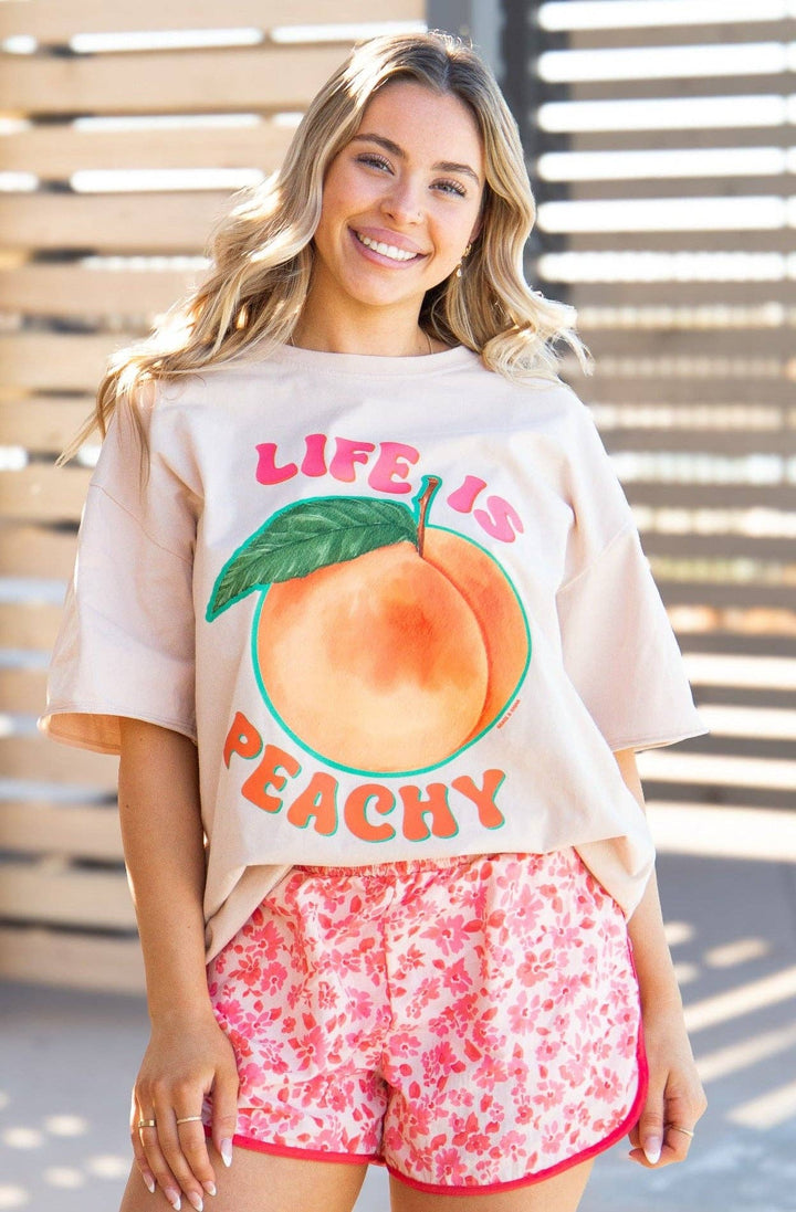 Grace+Emma-Life is Peachy on Beige Tee Shirt