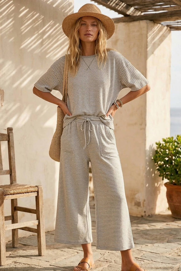 Sewn & Seen-Striped Knit Top and Pants Set: HEATHER GREY/WHITE