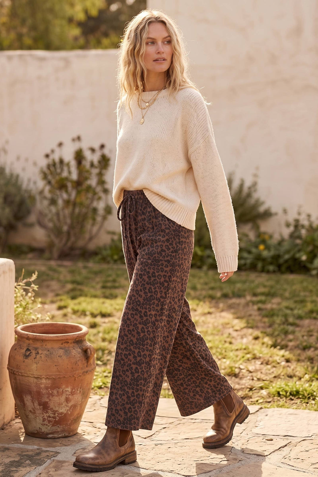 Sewn & Seen-Leopard Print French Terry Wide Leg Pants
