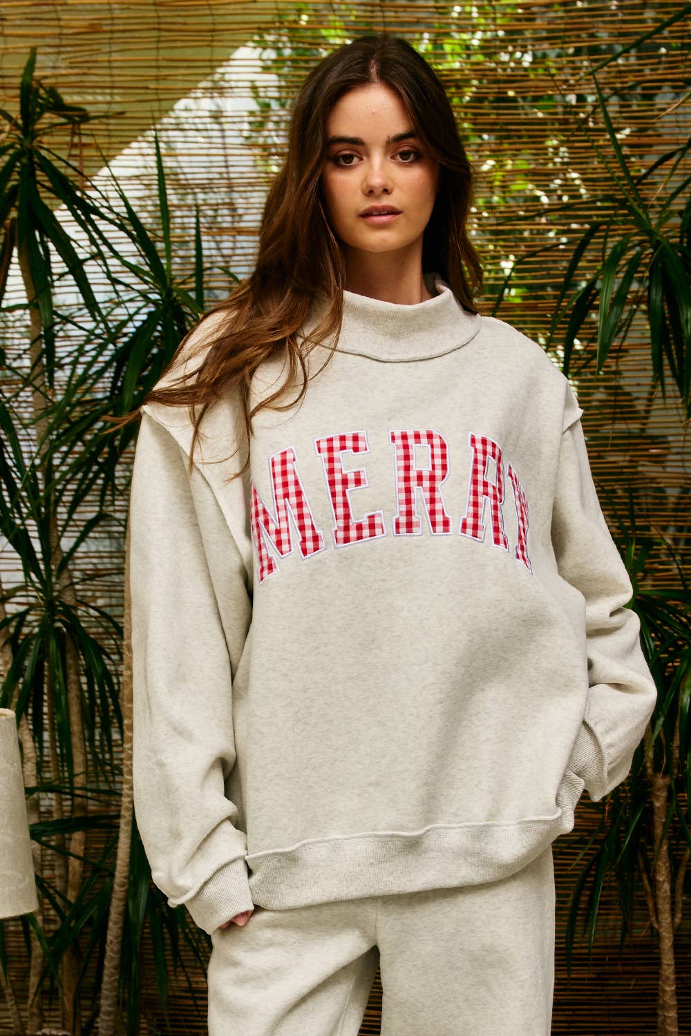 "MERRY" Varsity Mock Neck Sweatshirt: Red Polka  (LH)