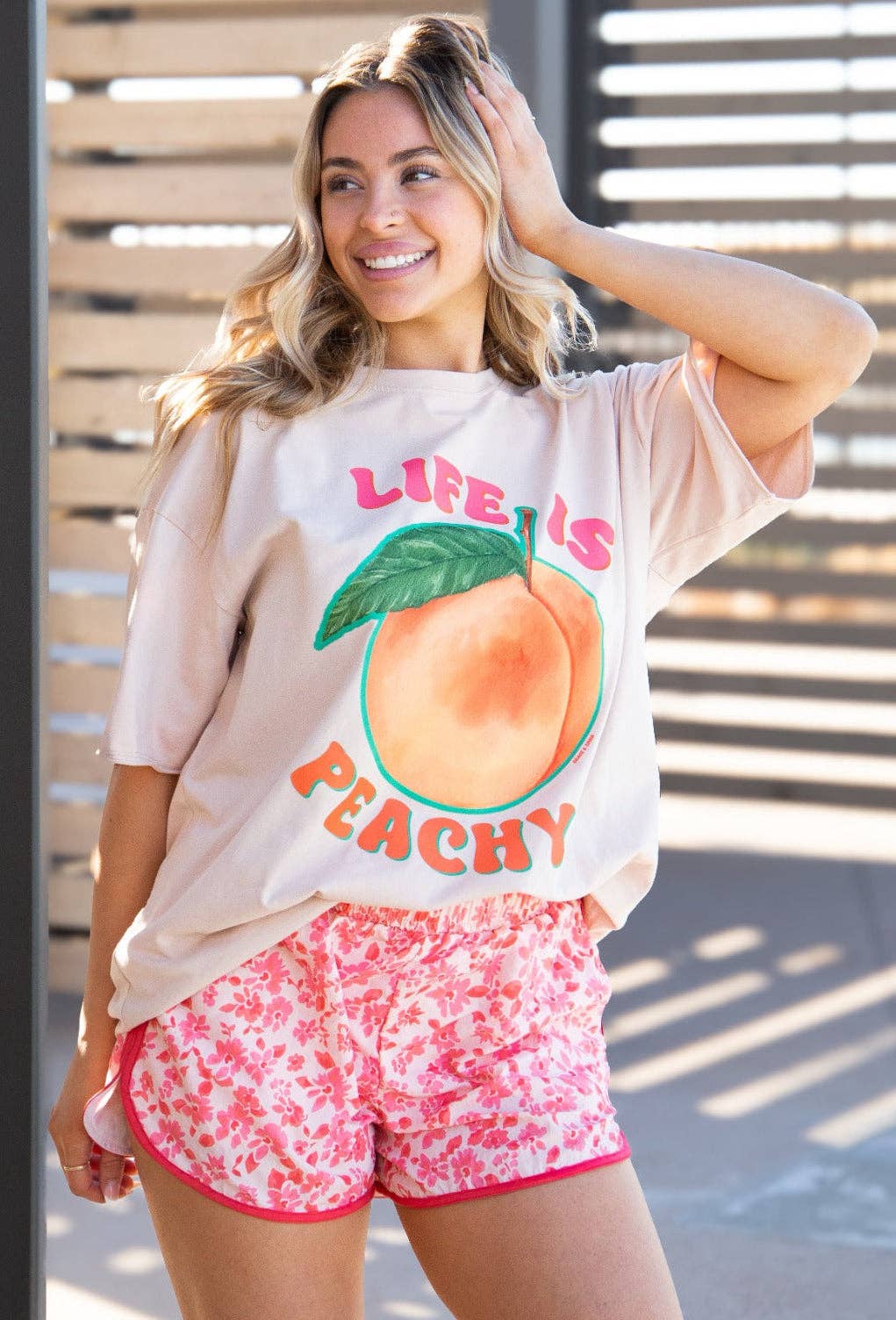 Grace+Emma-Life is Peachy on Beige Tee Shirt