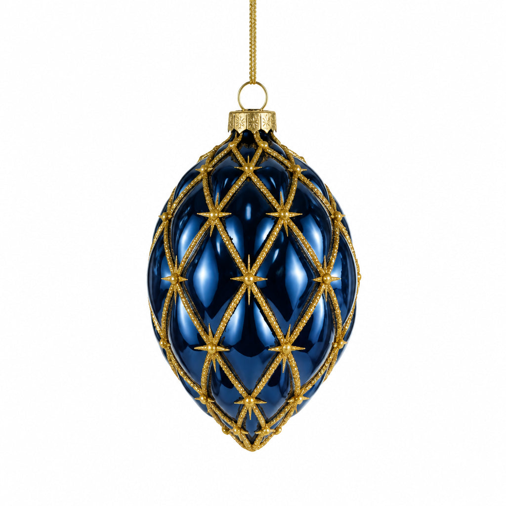 Raz Imports  4" Blue and Gold Harlequin Glass Christmas Ornament