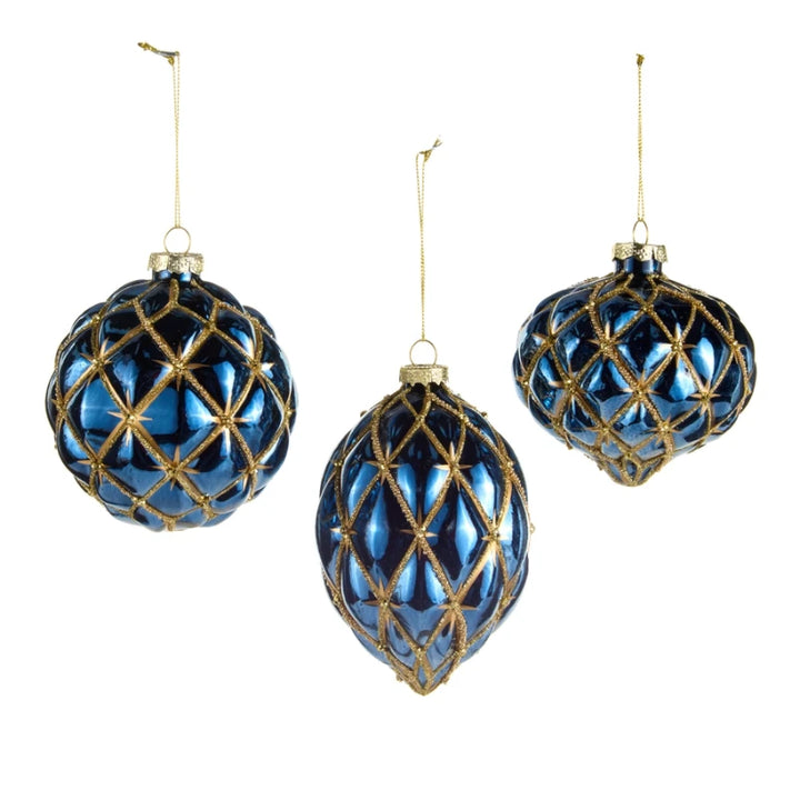 Raz Import 4" Blue and Gold Harlequin Glass Christmas Ornament (LH)
