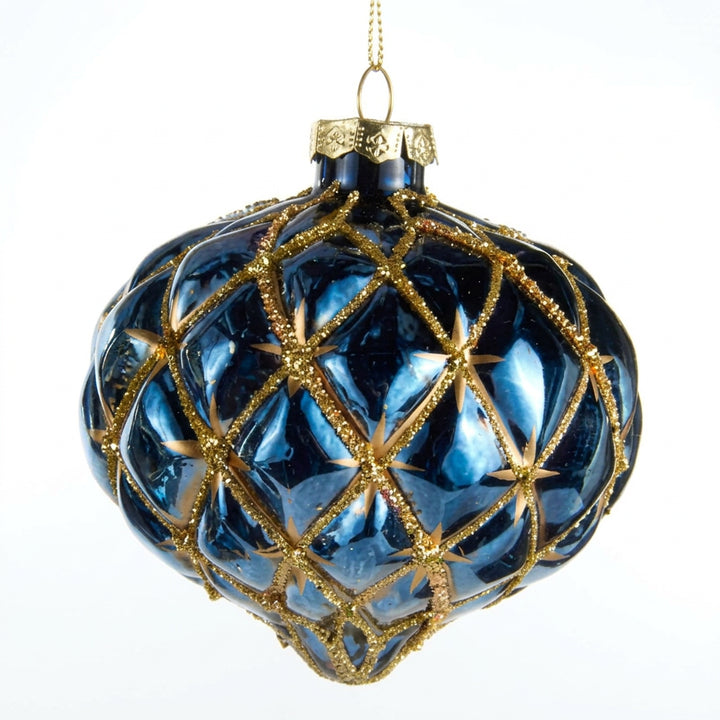 Raz Import 4" Blue and Gold Harlequin Glass Christmas Ornament (LH)