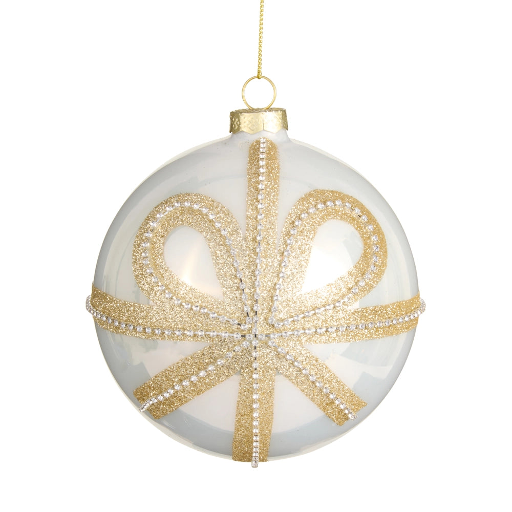 RAZ Imports 5" Gold Bow White Ball Ornament (LH)