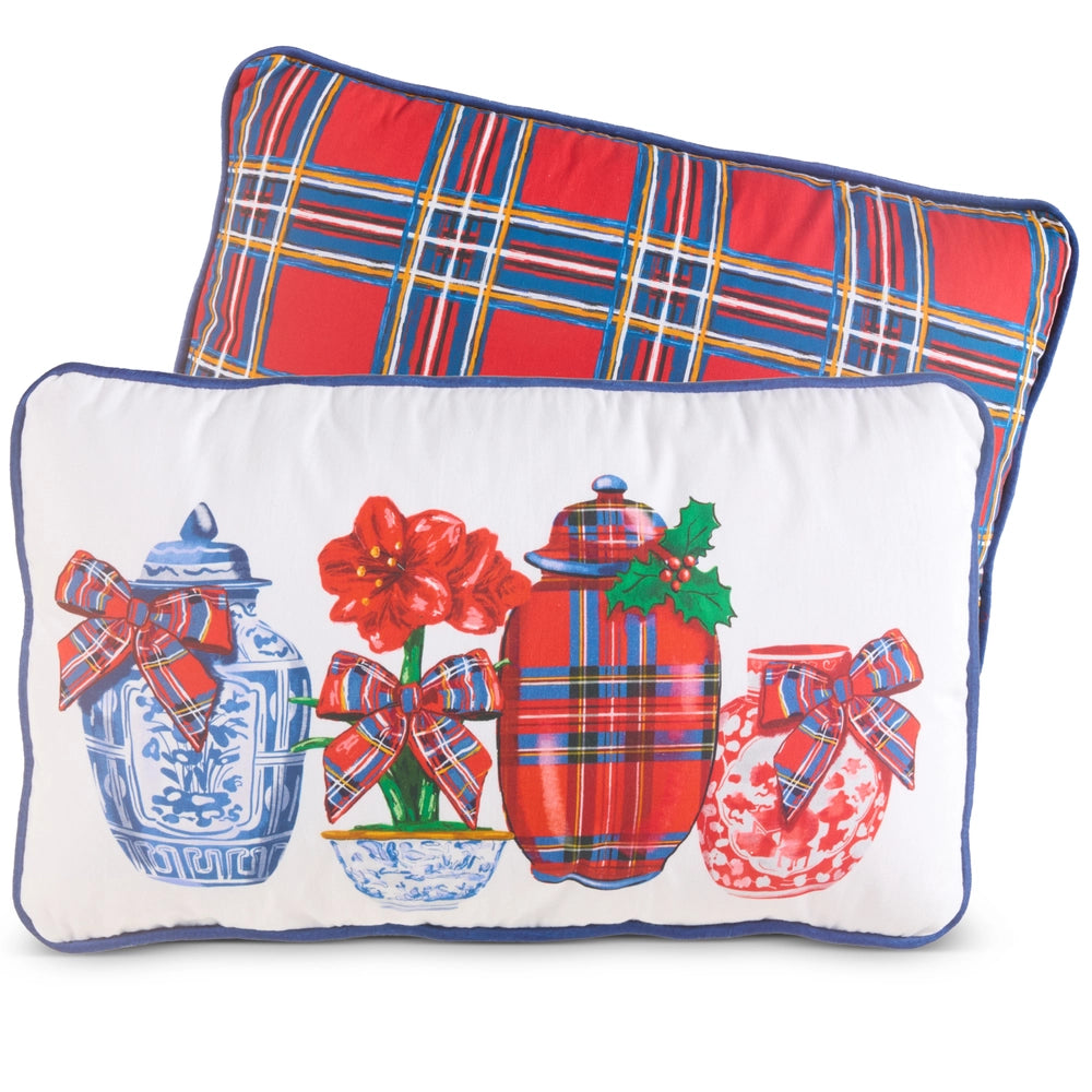 RAZ Imports 20" Dressed in Plaid Chinoiserie Lumbar Pillow (LH)
