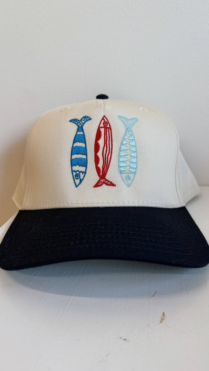 Sardine Hat: Cool blue hat | yellow orange + pink thread