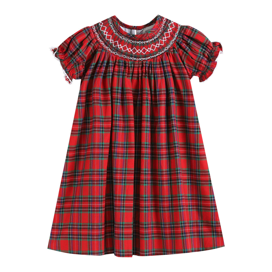 Lil Cactus - Red Christmas Plaid Smocked Bishop Dress