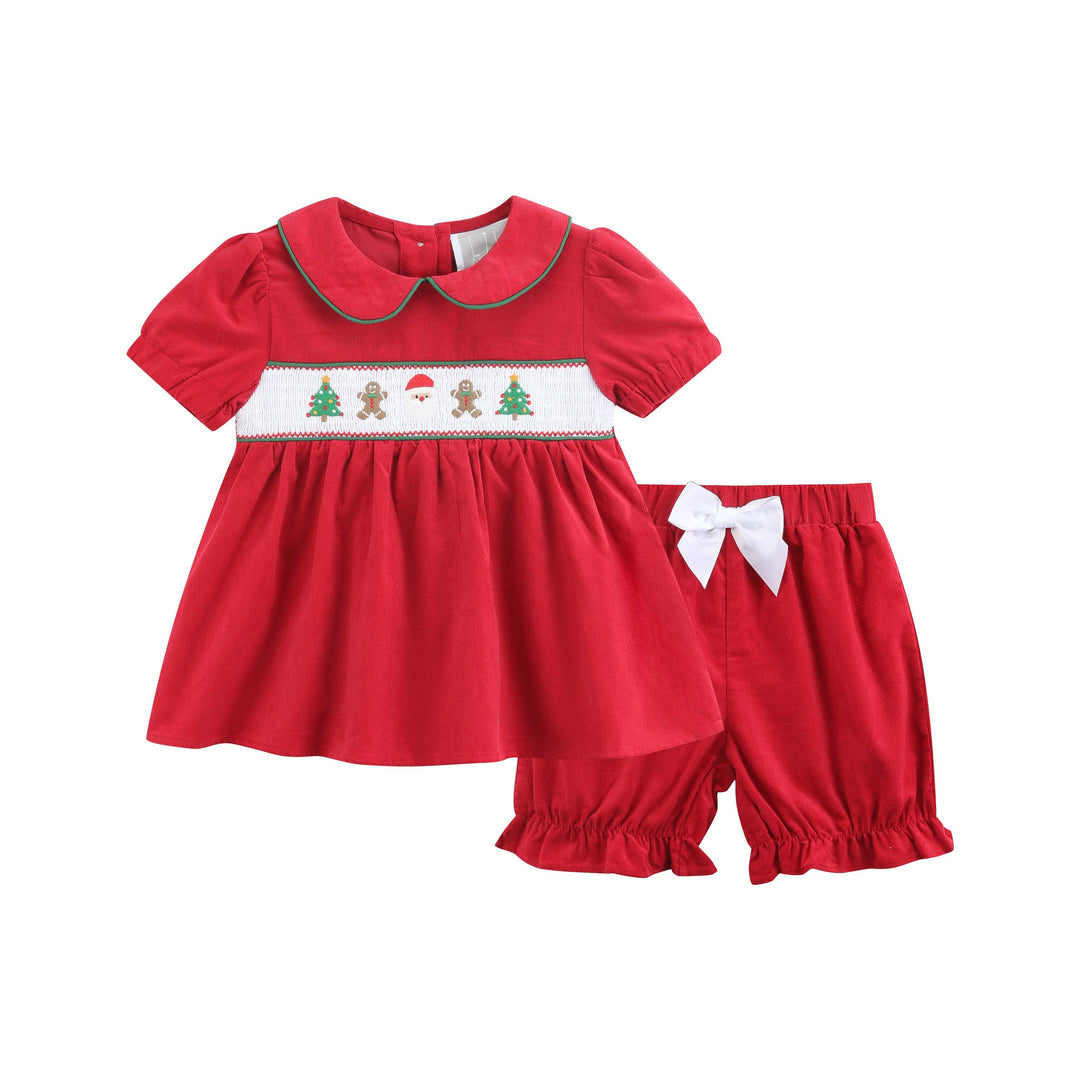 Lil Cactus - Red Corduroy Christmas Smocked Dress and Bloomers