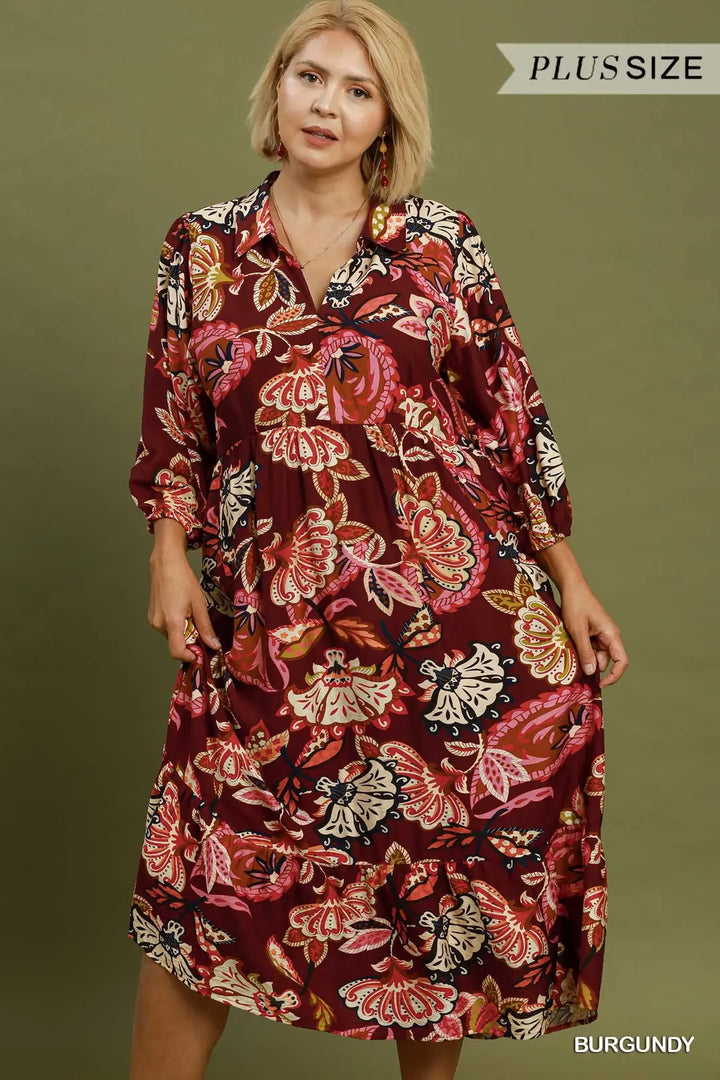 Boho Paisley Tiered Midi Dress Burgundy (JB)