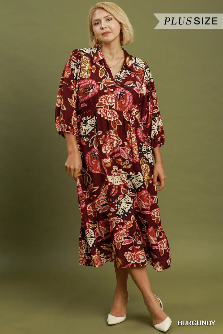 Boho Paisley Tiered Midi Dress Burgundy (JB)
