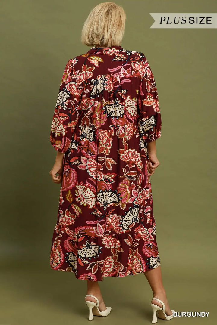 Boho Paisley Tiered Midi Dress Burgundy (JB)