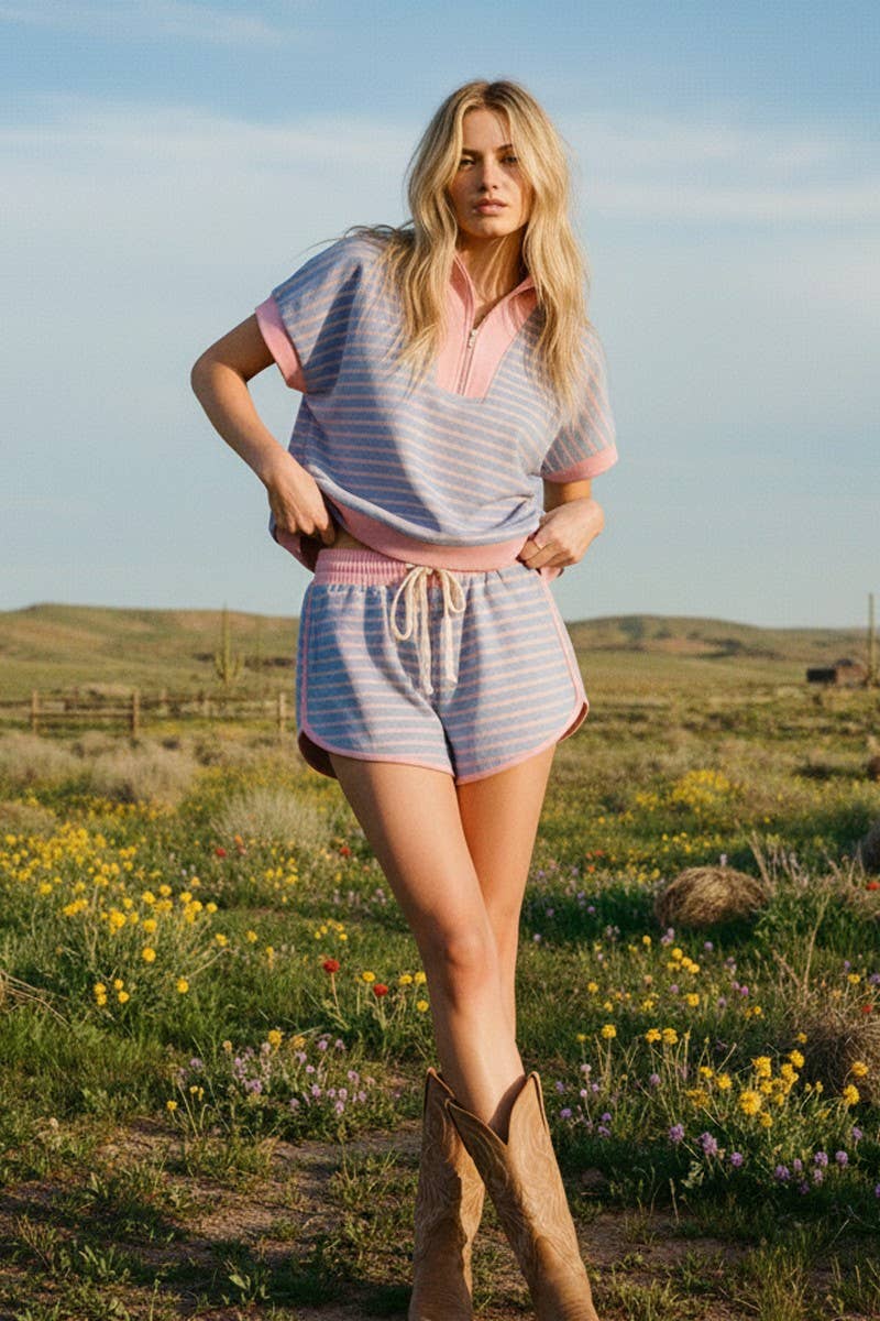 Sewn & Seen-HALF ZIP UP STRIPED TOP AND SHORTS SETS-Pink/Blue