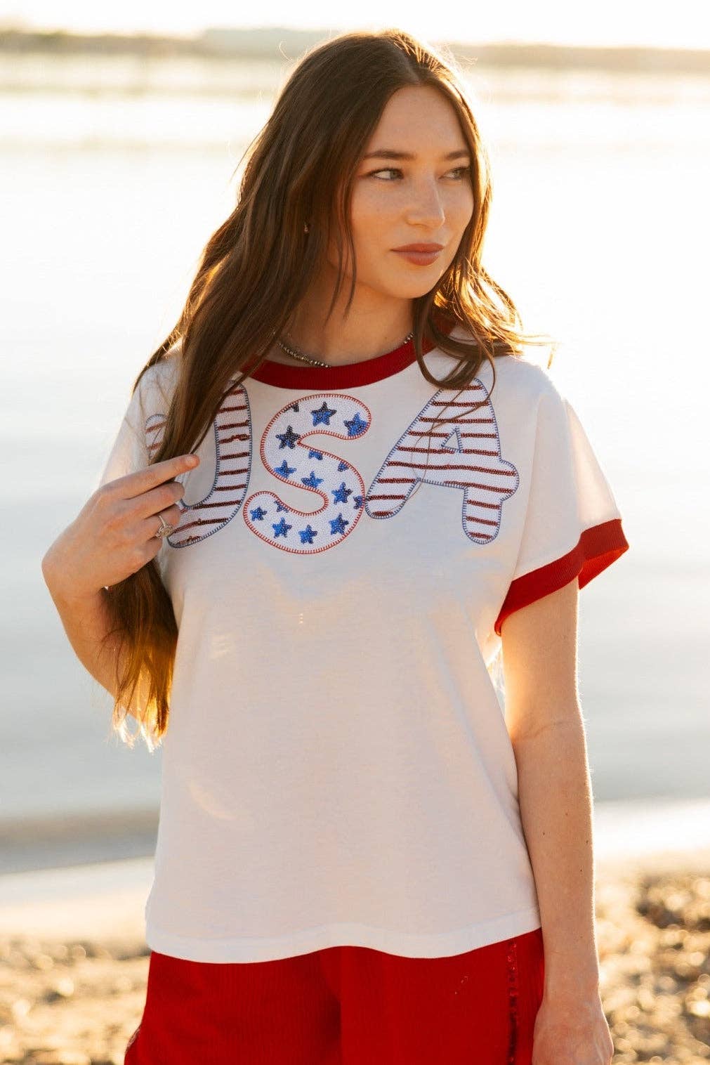 Grace+Emma-Sequin "USA" on White Top