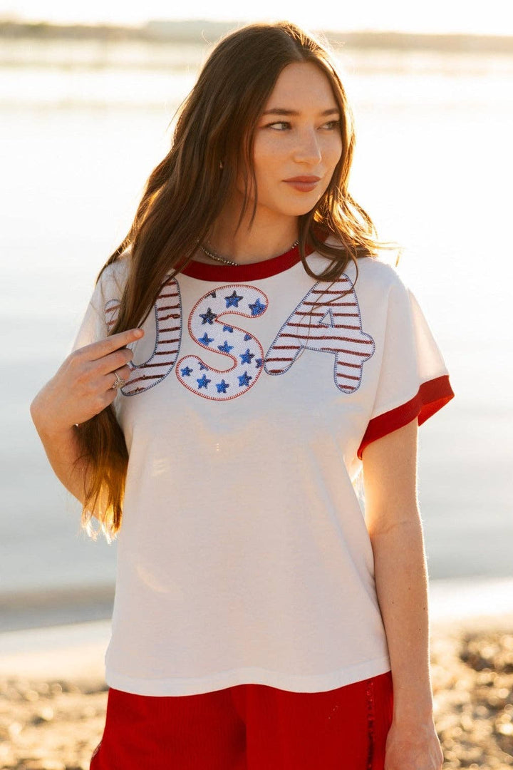 Grace+Emma-Sequin "USA" on White Top