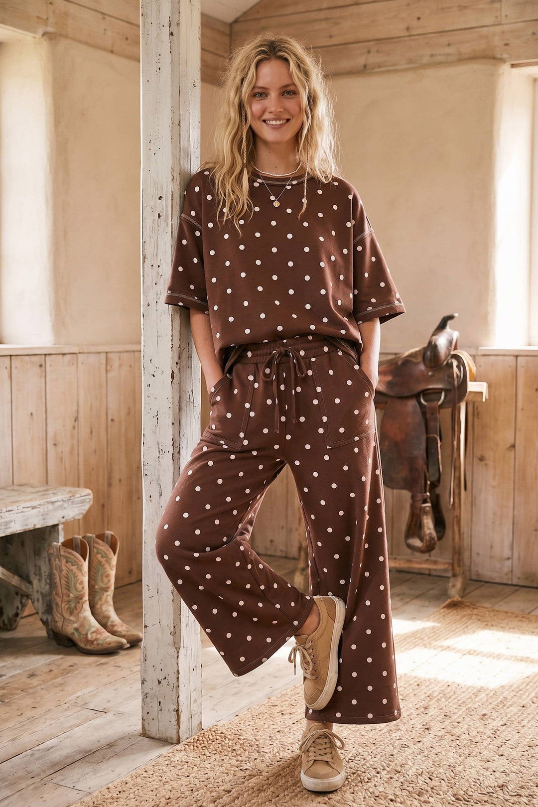 Sewn & Seen-(Original Design) Heavy Scuba Polka Dot Short Sleeve Set-Brown
