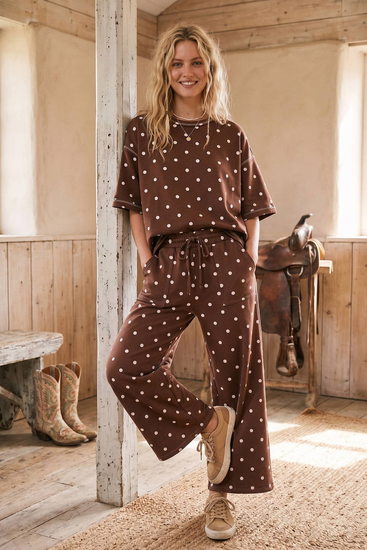 Sewn & Seen-(Original Design) Heavy Scuba Polka Dot Short Sleeve Set-Brown