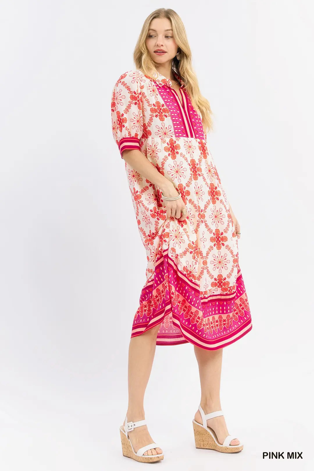 Curvy Bloom Trellis Border Print Midi Dress Pink (JB)