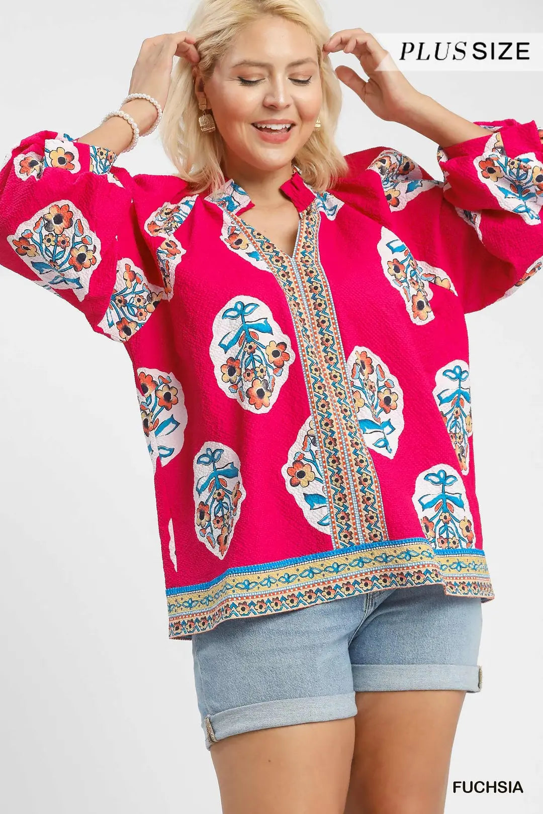 Curvy Boho Floral Print Tunic Top FUCHSIA (JB)