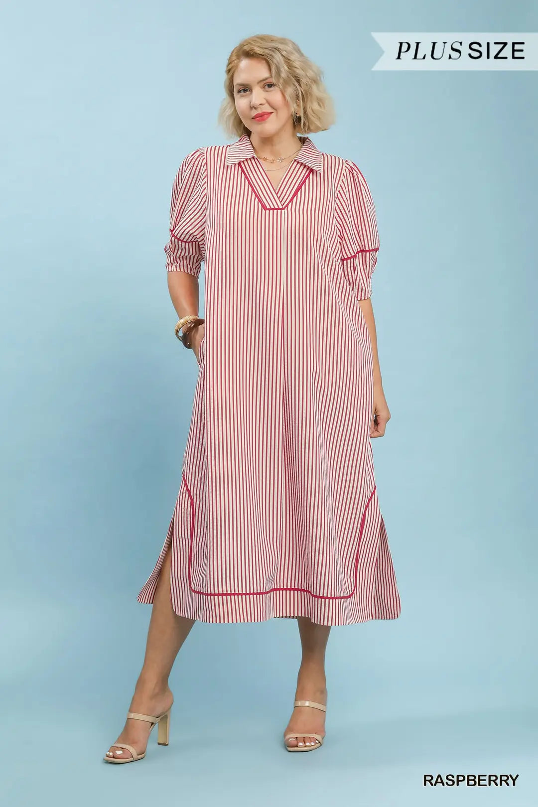 Curvy Raspberry Striped Midi Dress with Puff Sleeves (JB)