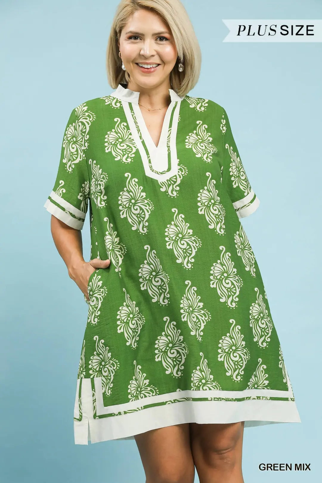 Curvy Two tone abstract print Mini Dress Green (JB)