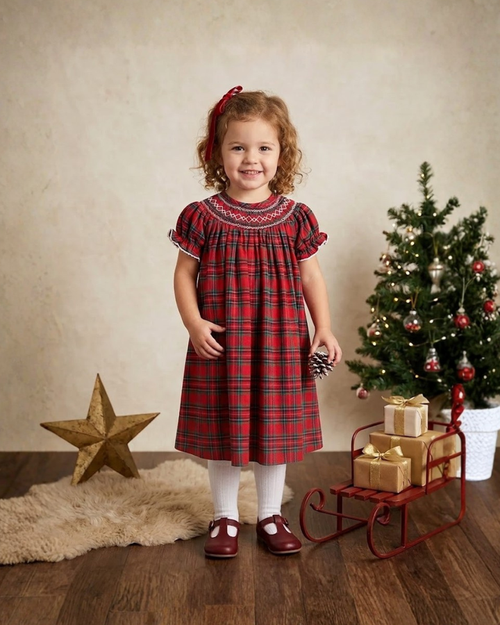 Lil Cactus - Red Christmas Plaid Smocked Bishop Dress