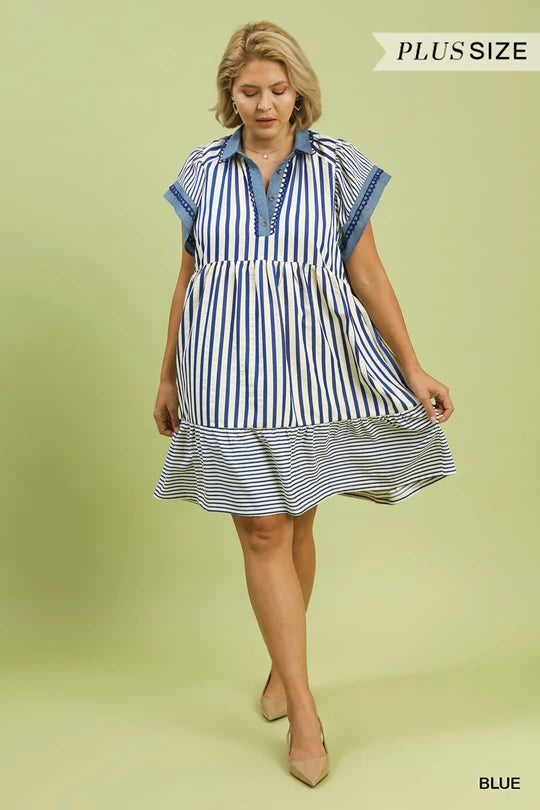 Curvy Mixed Stripe Flutter Sleeve Dress Blue (JB)